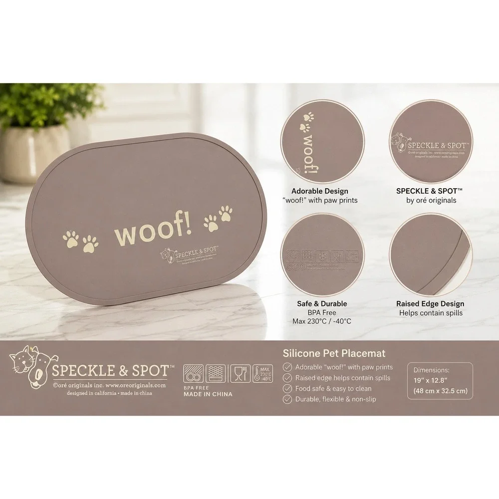 Speckle & Spot Ore Originals Silicone Pet Food Mat Brown Woof Paw Prints 19x12